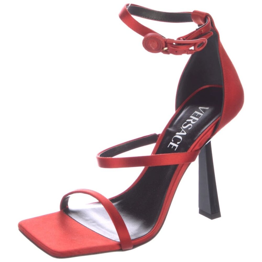 Versace Safety Pin Silk Ankle-Strap Sandals | Red | 6.5